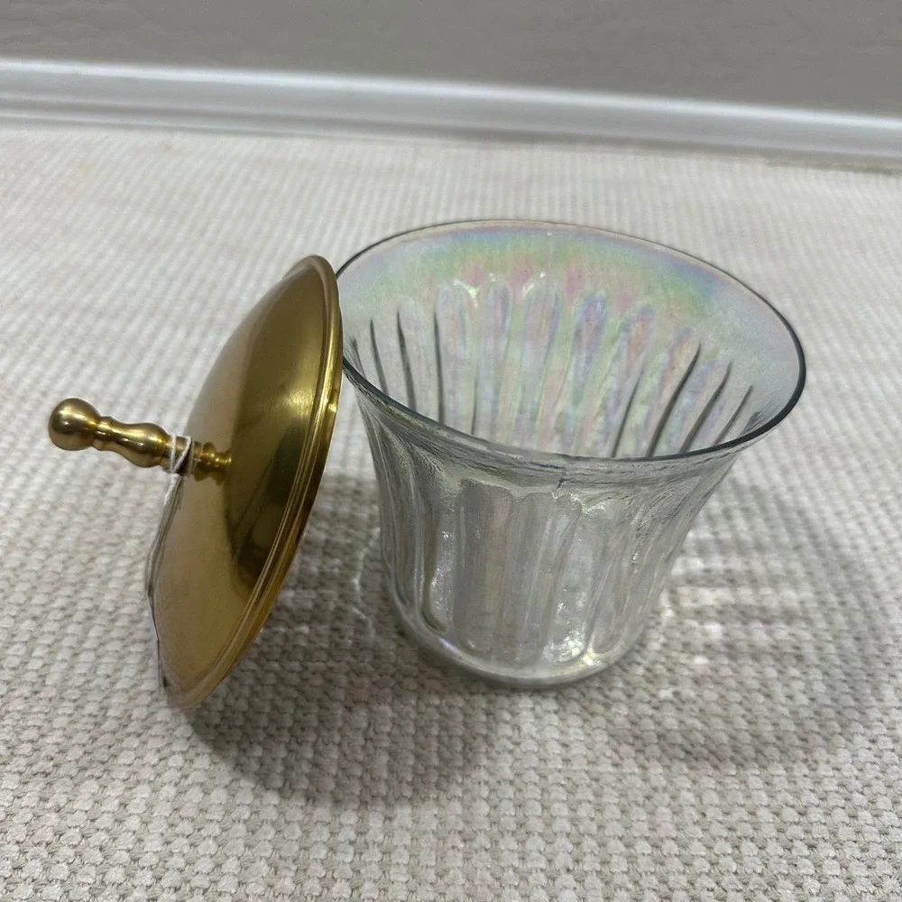 Anthropologie Lustrous Canister Iridescent‎ Fluted Glass Gold Lid 6.5